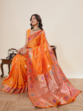 Orange Pure Jacquard Wedding Saree with Golden Silver Jari Weaving