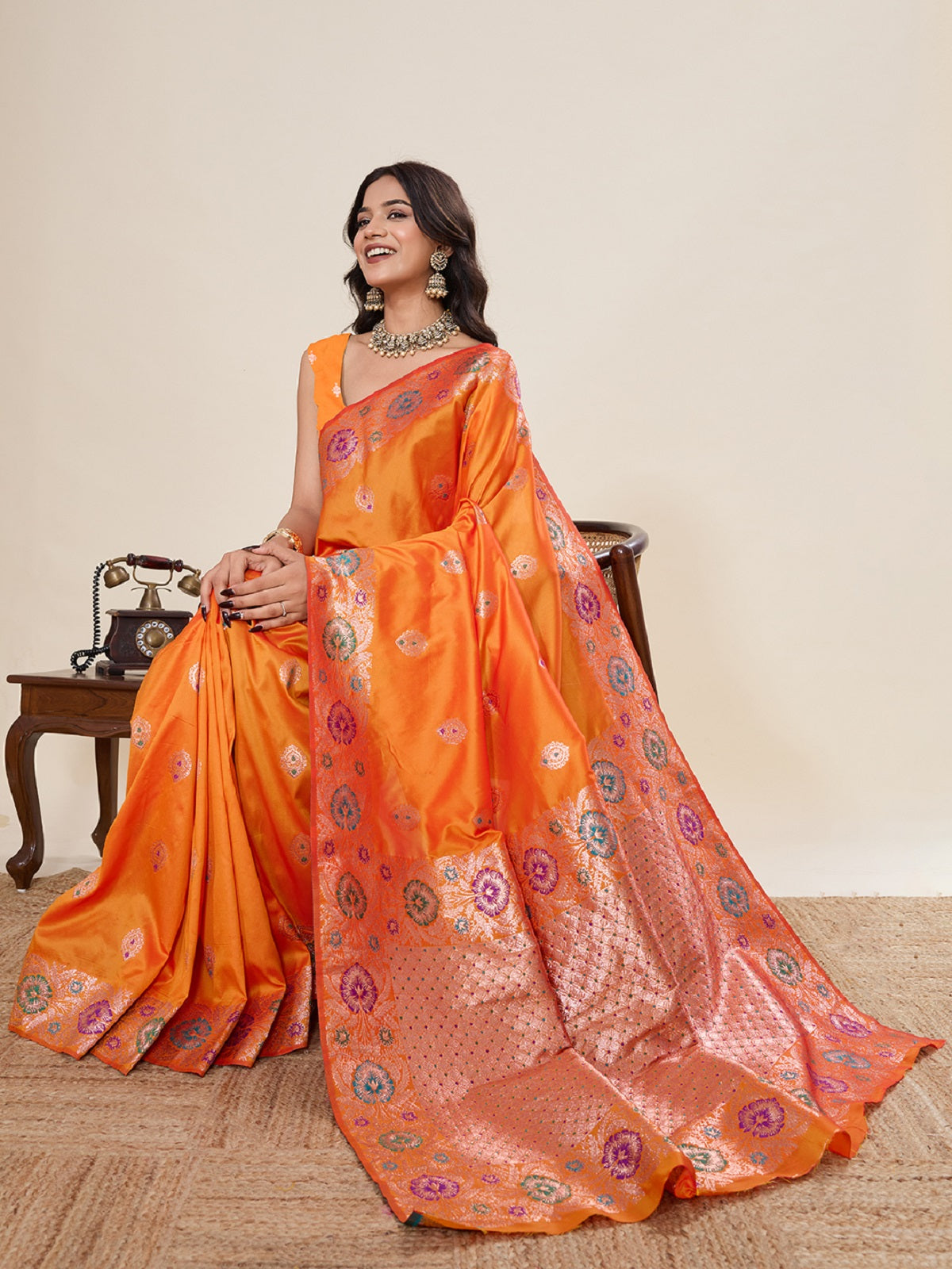Orange Pure Jacquard Wedding Saree with Golden Silver Jari Weaving