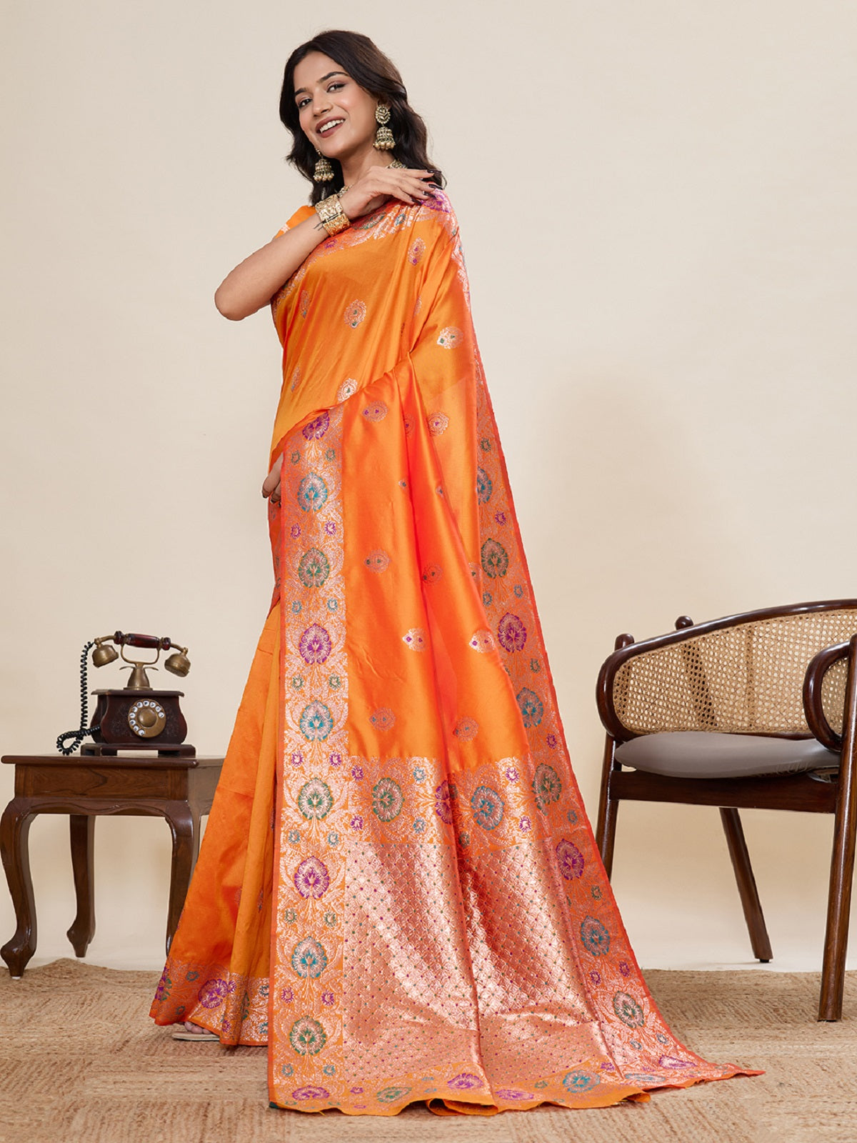 Orange Pure Jacquard Wedding Saree with Golden Silver Jari Weaving