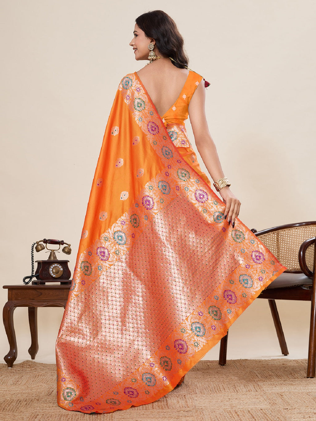 Orange Pure Jacquard Wedding Saree with Golden Silver Jari Weaving