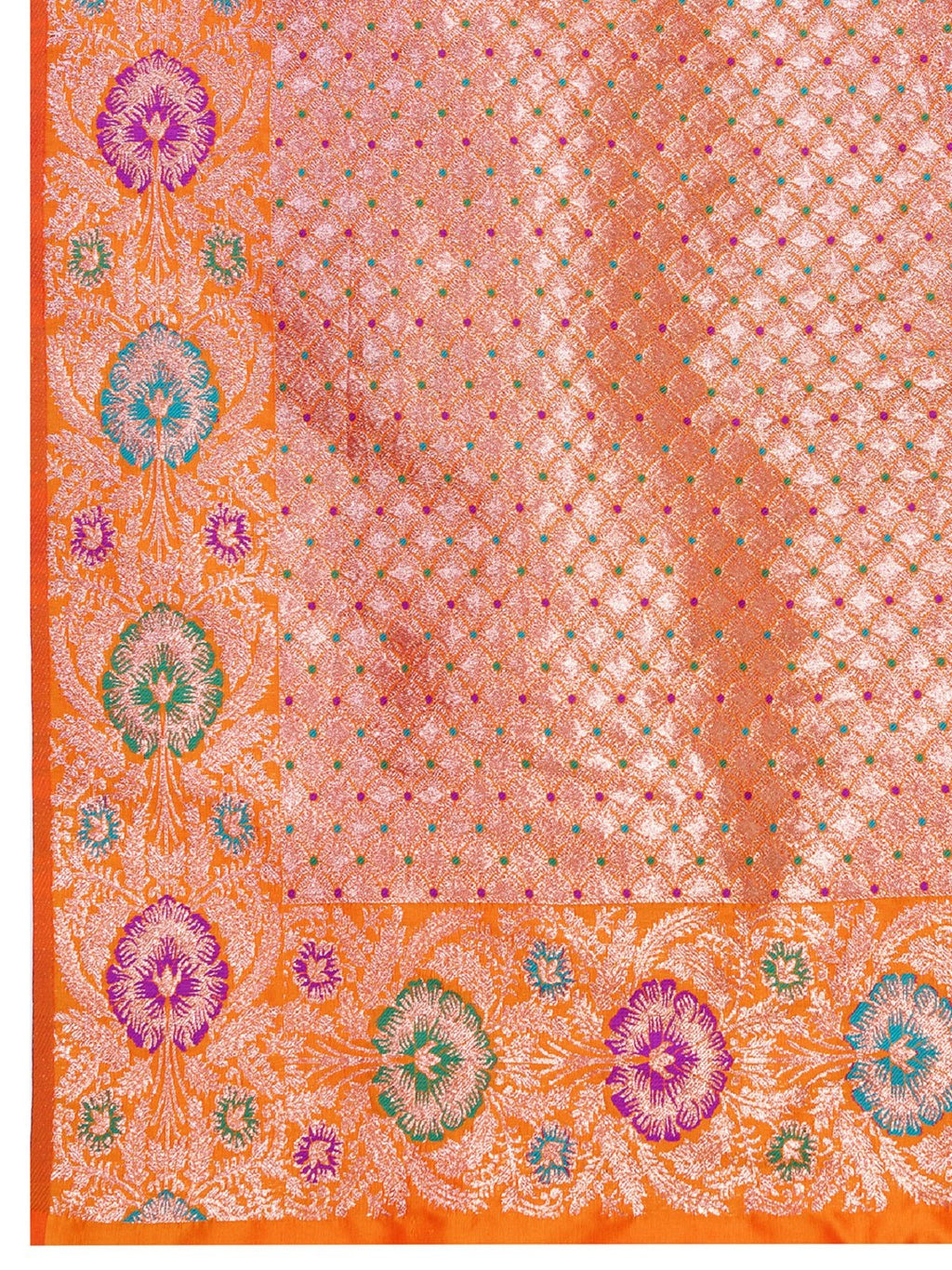 Orange Pure Jacquard Wedding Saree with Golden Silver Jari Weaving