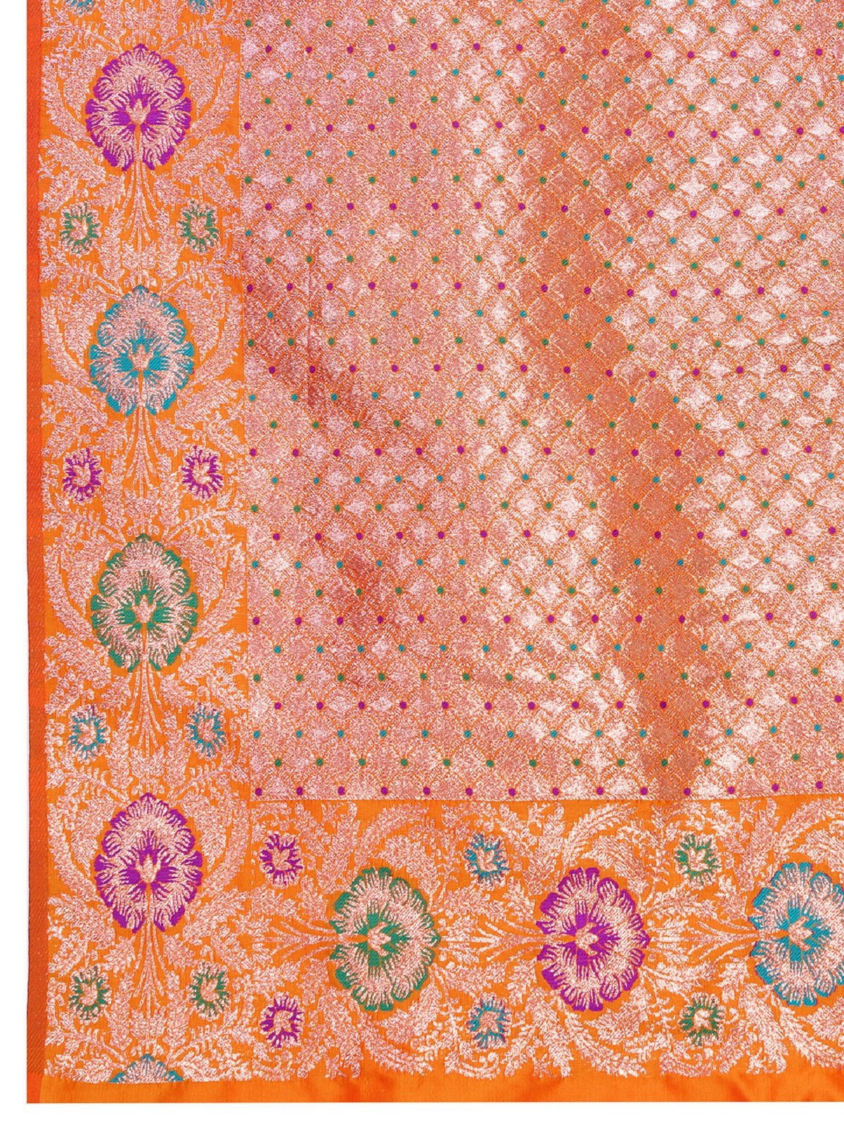 Orange Pure Jacquard Wedding Saree with Golden Silver Jari Weaving