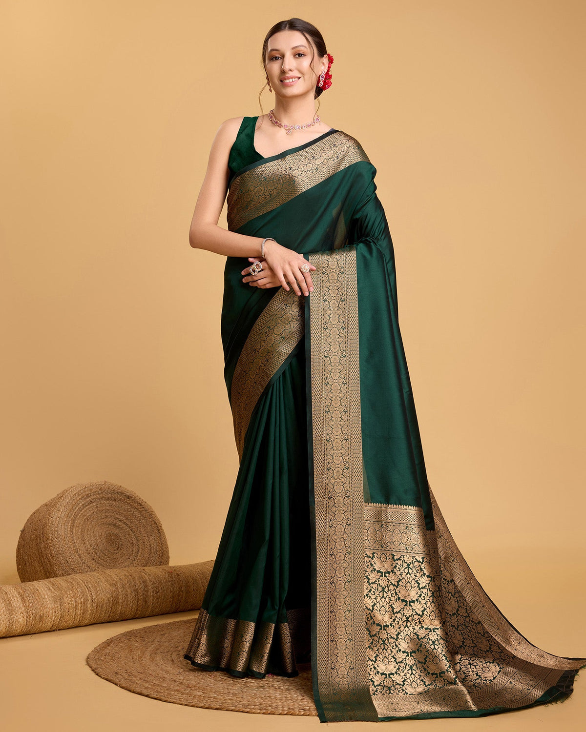 Deep Green Pure Silk Banarsi party wear saree with Jari weaving and matching unstitched blouse