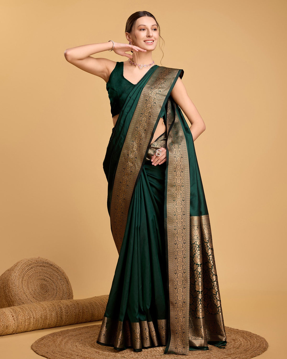 Deep Green Pure Silk Banarsi Party Wear Saree with Unstitched Blouse