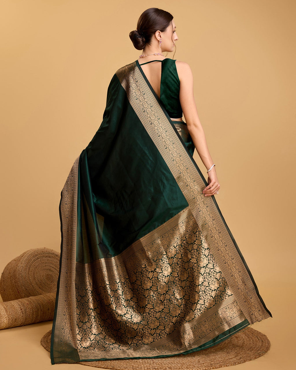Deep Green Pure Silk Banarsi Party Wear Saree with Unstitched Blouse