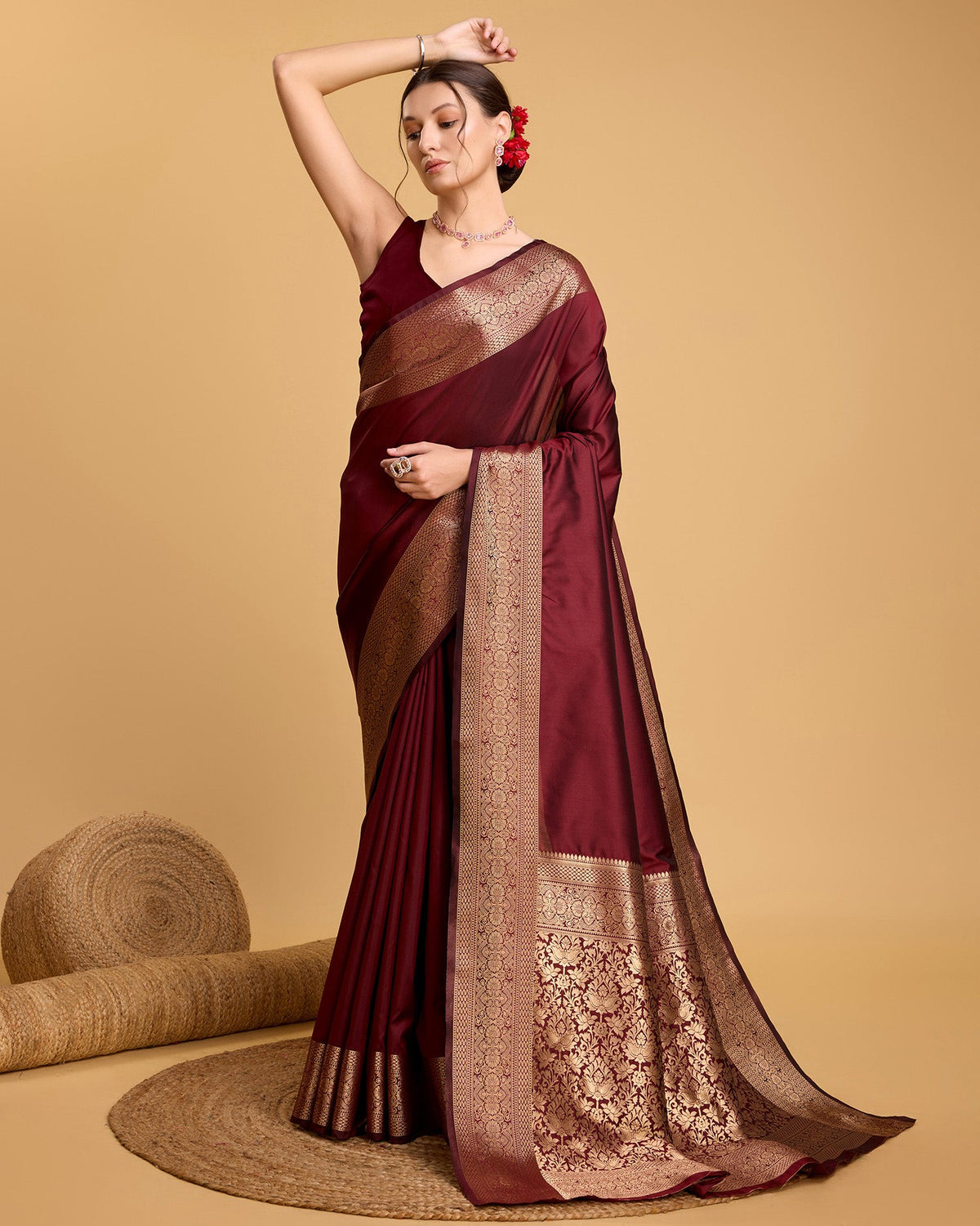 Deep Maroon Banarsi Pure Silk Saree with Unstitched Blouse Piece