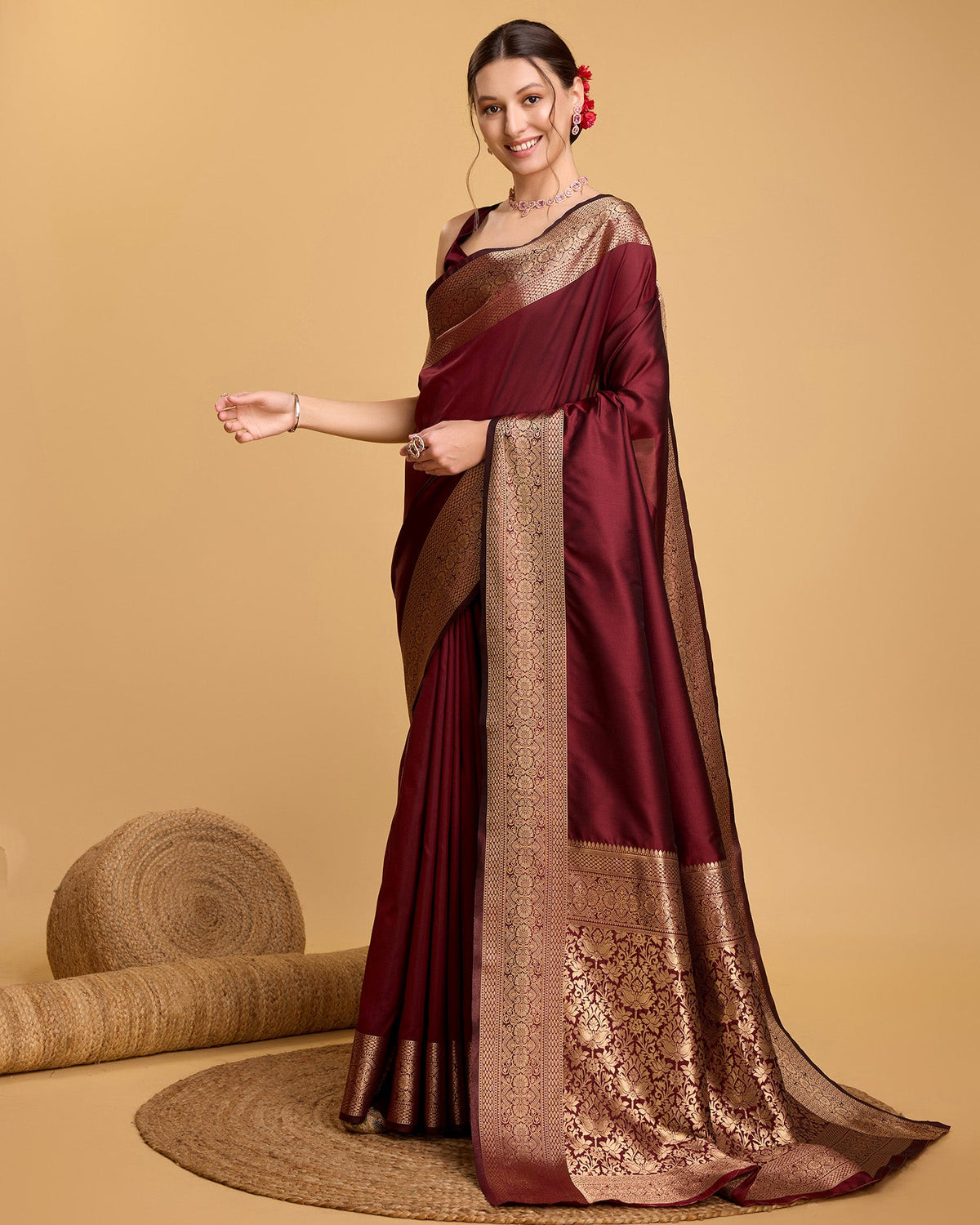 Deep Maroon Banarsi Pure Silk party wear saree with golden jar work and unstitched blouse.