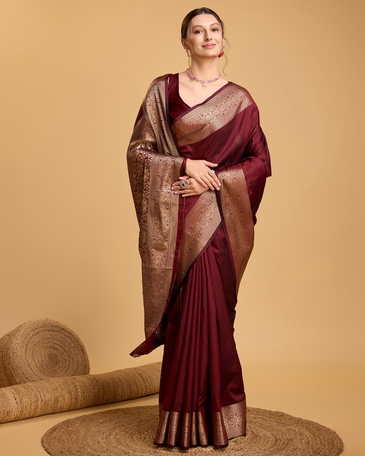 Deep Maroon Banarsi Pure Silk Saree with Unstitched Blouse Piece