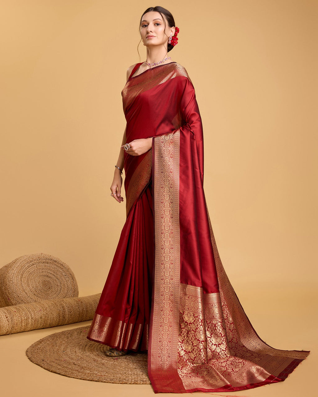 Red Banarsi Pure Silk Plain Saree with Jari Weaving
