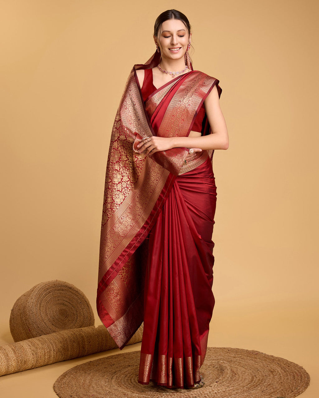 Red Banarsi Pure Silk Plain Saree with Jari Weaving