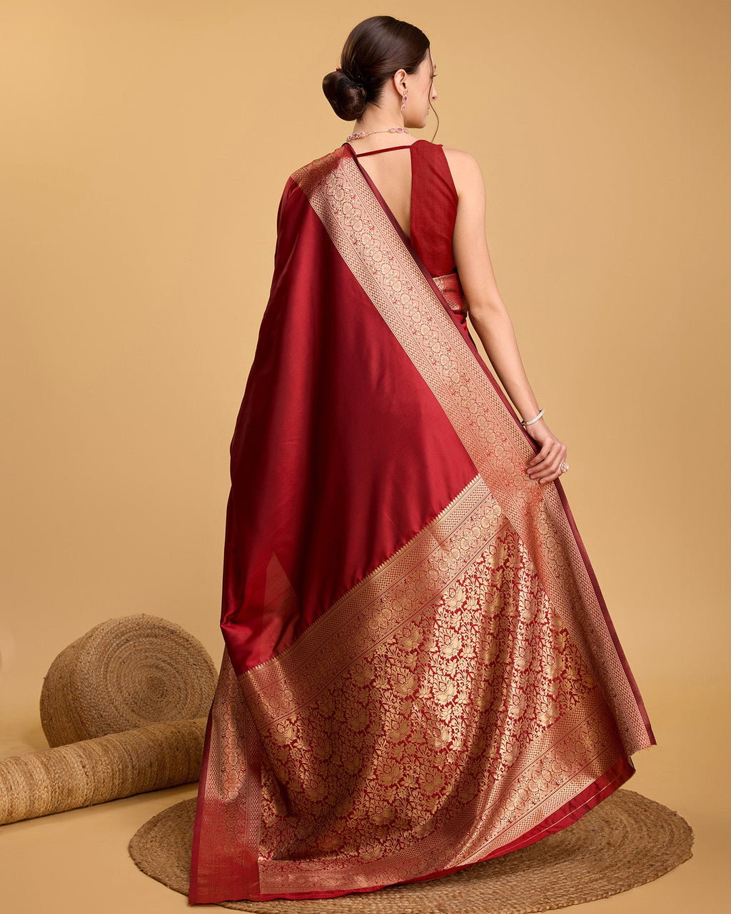 Red Banarsi Pure Silk Plain Saree with Jari Weaving