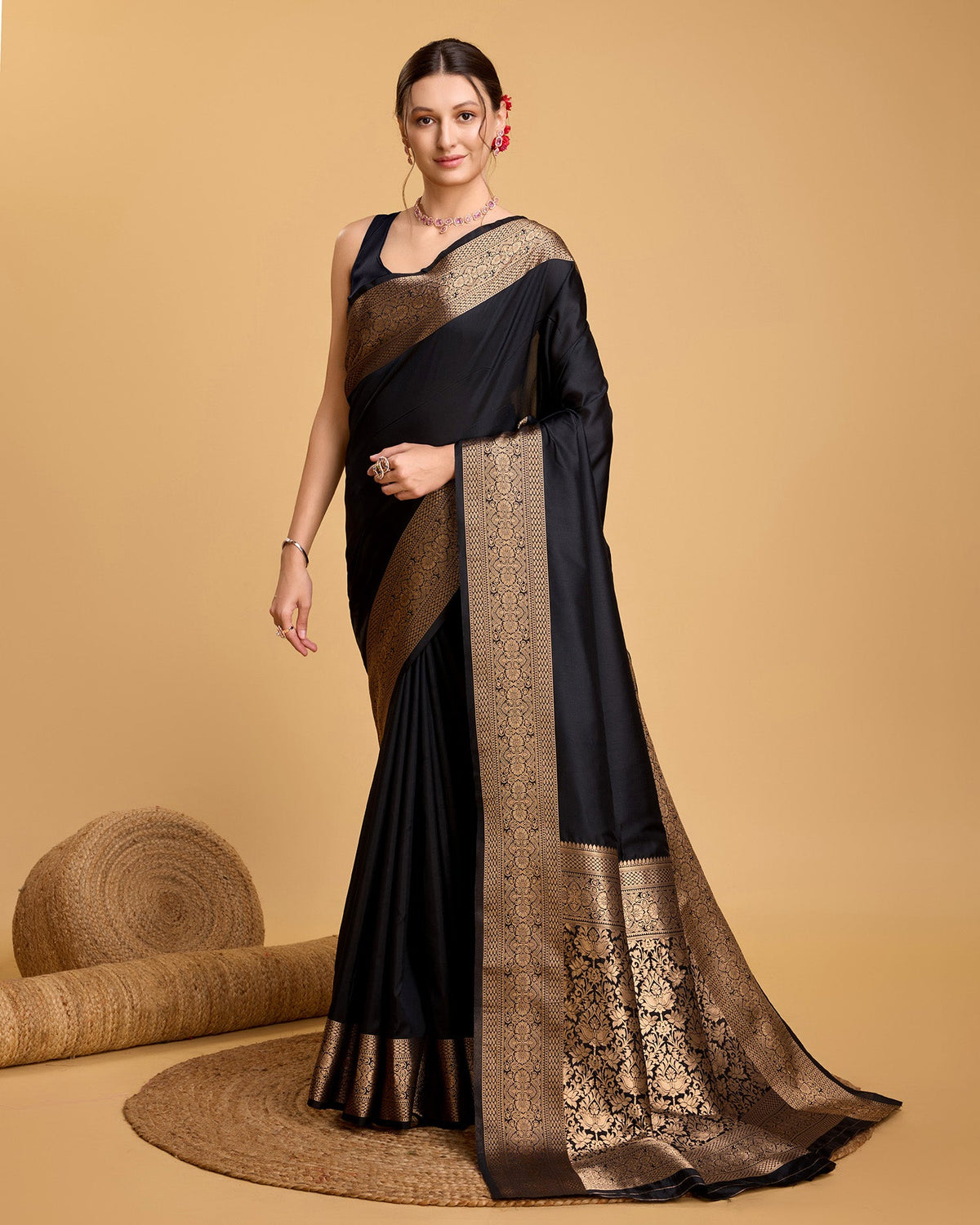 Black Banarsi pure silk plain saree with gold Jari weaving border