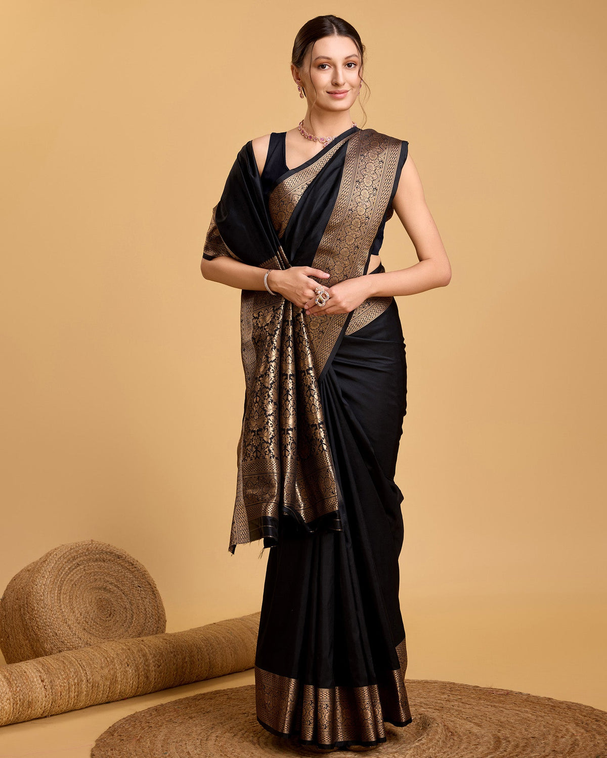 Black Banarsi Pure Silk Plain Saree with Jari Weaving Border