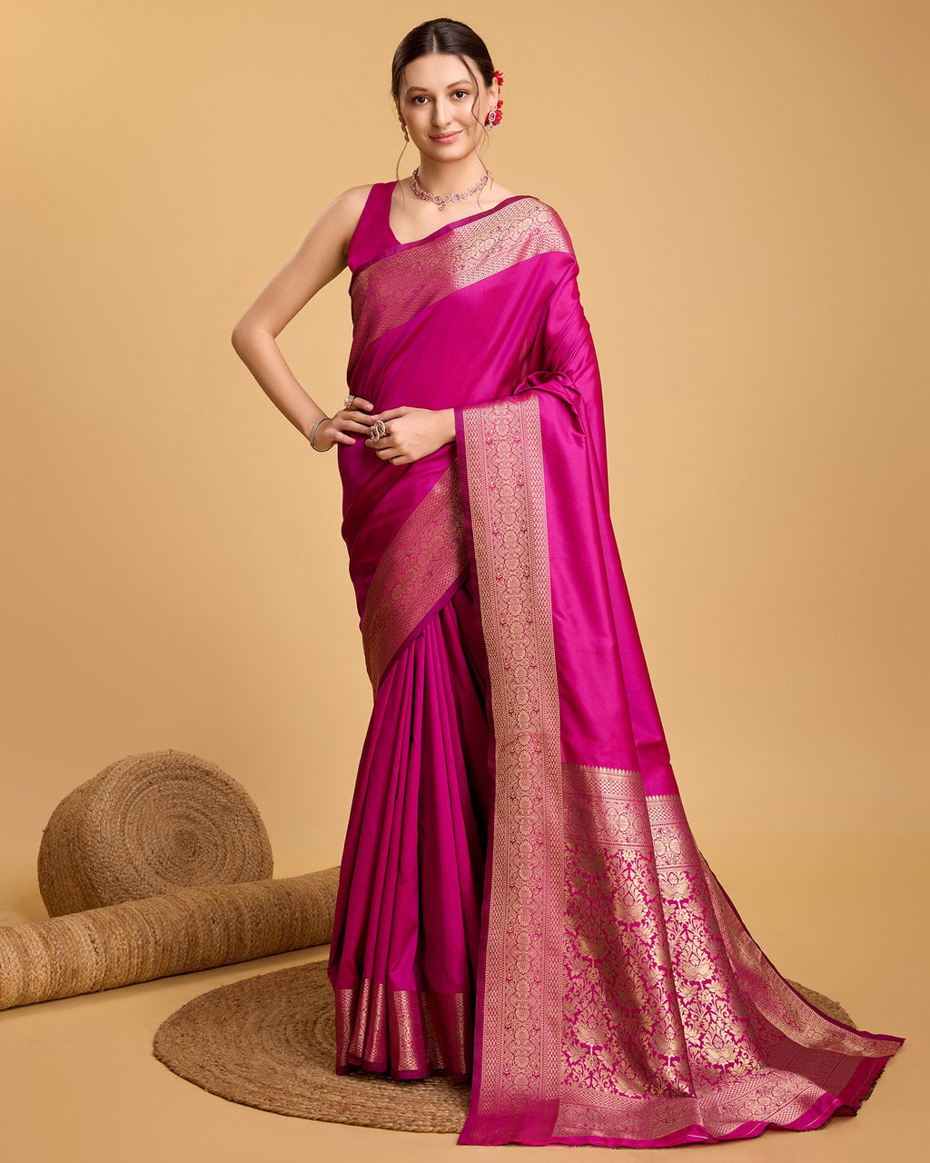 Pink Banarasi pure silk saree with jari weaving and unstitched blouse piece