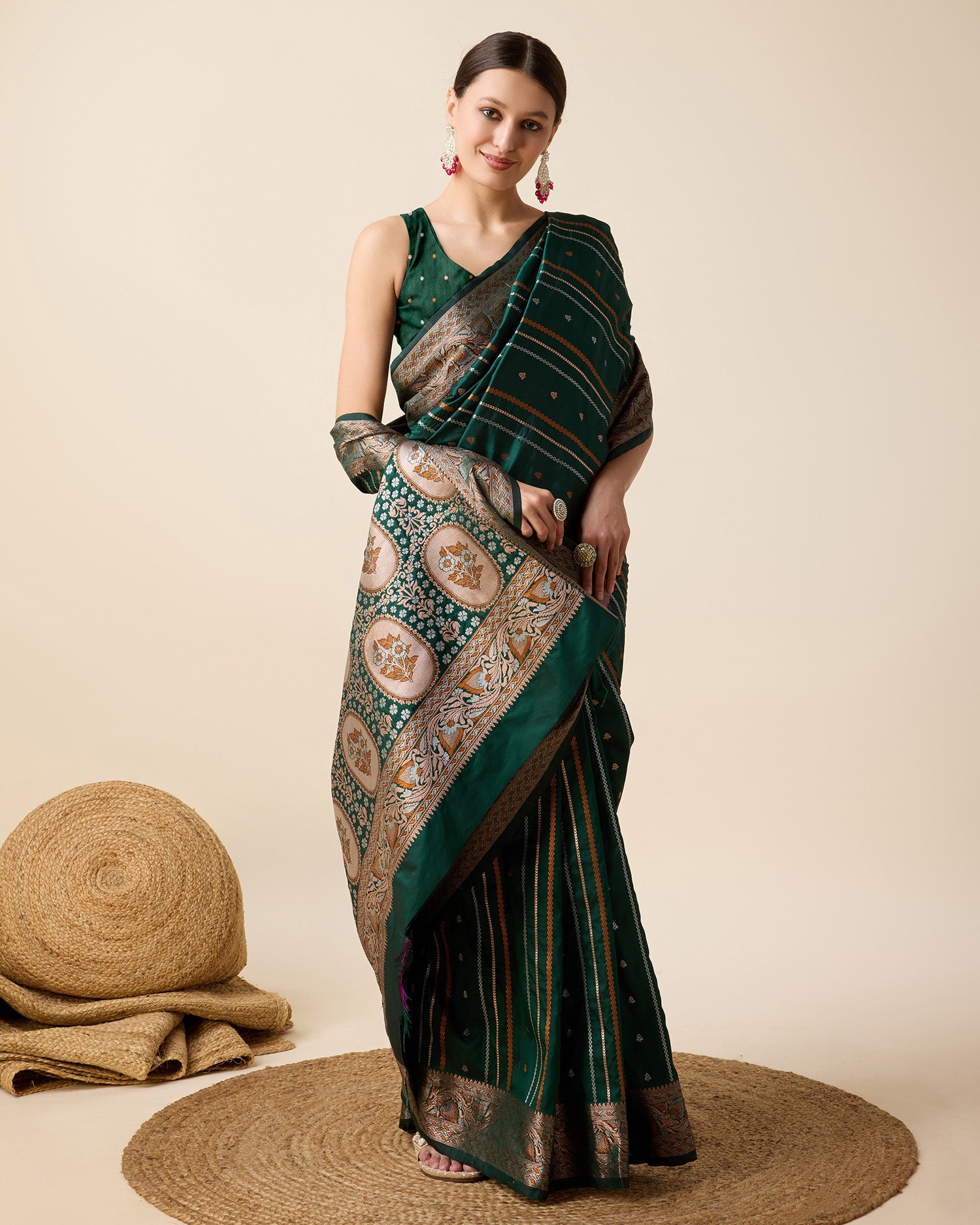Vibrant Green Jacquard saree with gold and silver Jari embroidery