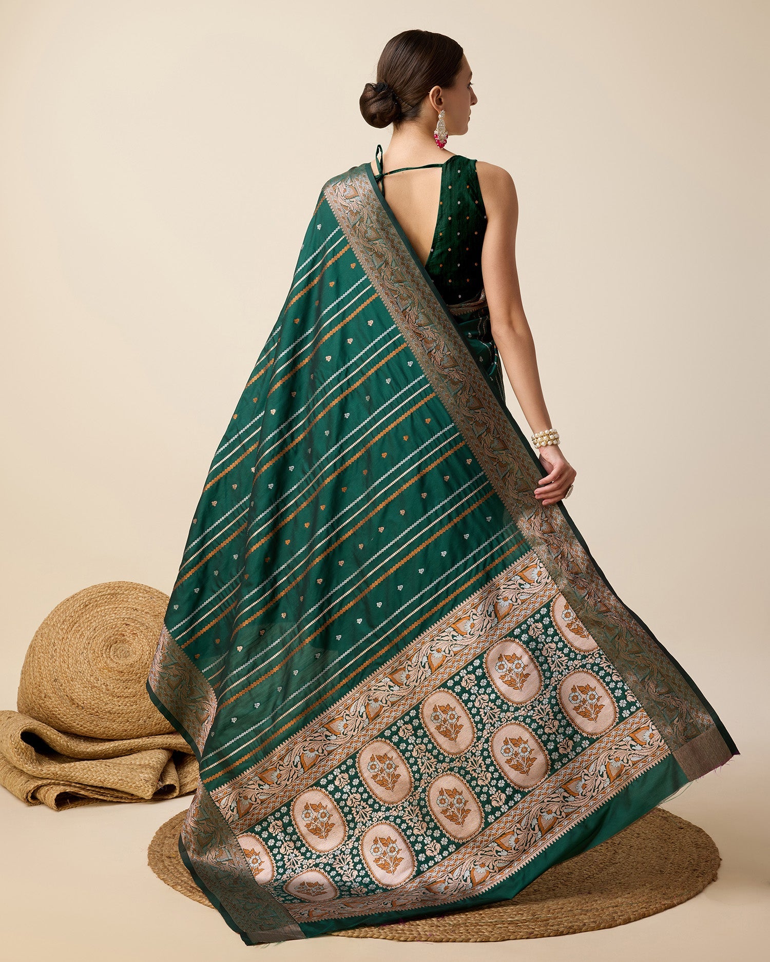 Green Party Wear Jacquard Saree with Golden & Silver Jari Work