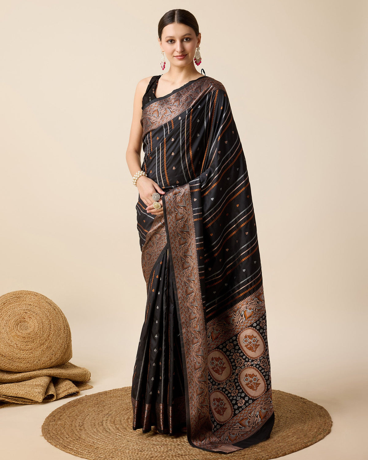 Black Pure Jacquard Party Saree with Gold Silver Jari Work