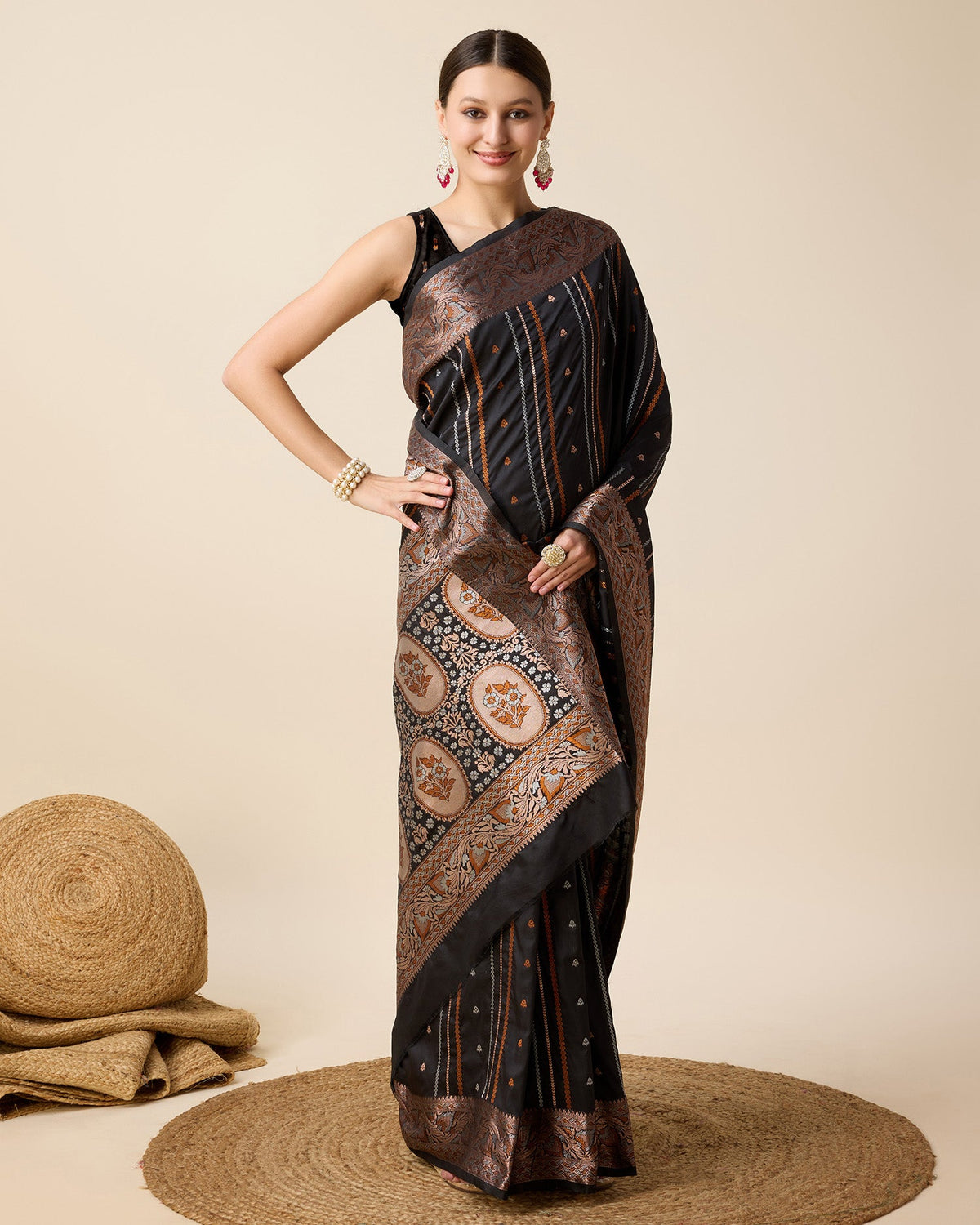 Black Pure Jacquard Party Saree with Gold Silver Jari Work