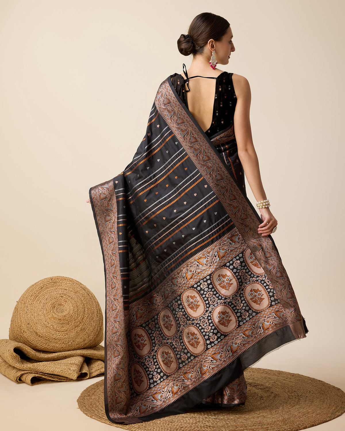 Black Pure Jacquard Party Saree with Gold Silver Jari Work