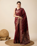 Deep Maroon Pure Jacquard party wear saree with golden and silver Jari work and unstitched silk blouse.