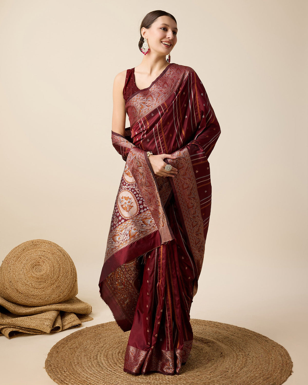Deep Maroon Pure Jacquard Saree with Golden Silver Jari Work