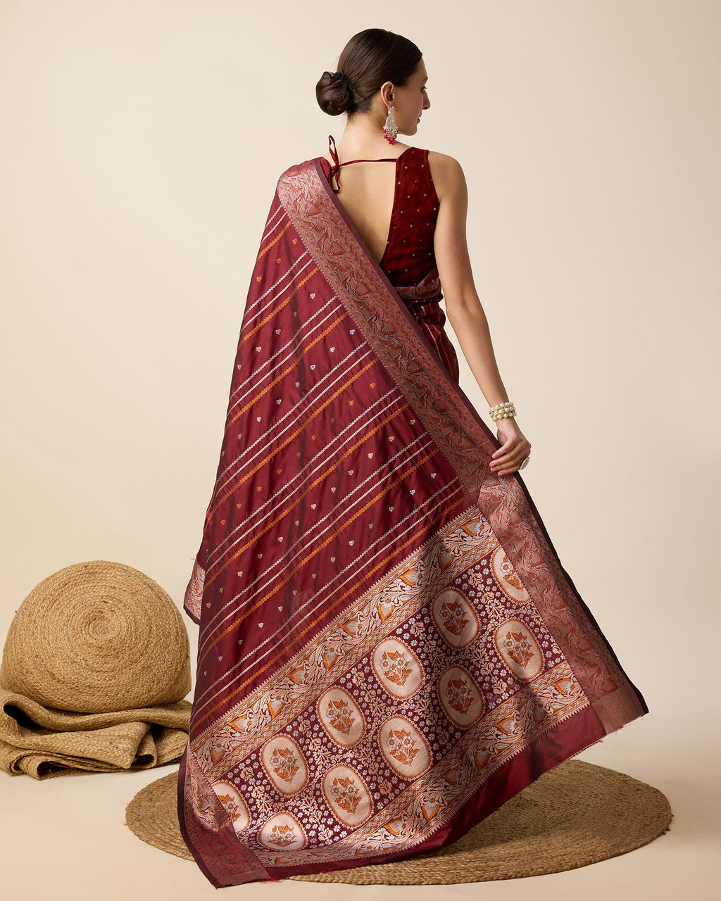 Deep Maroon Pure Jacquard Saree with Golden Silver Jari Work