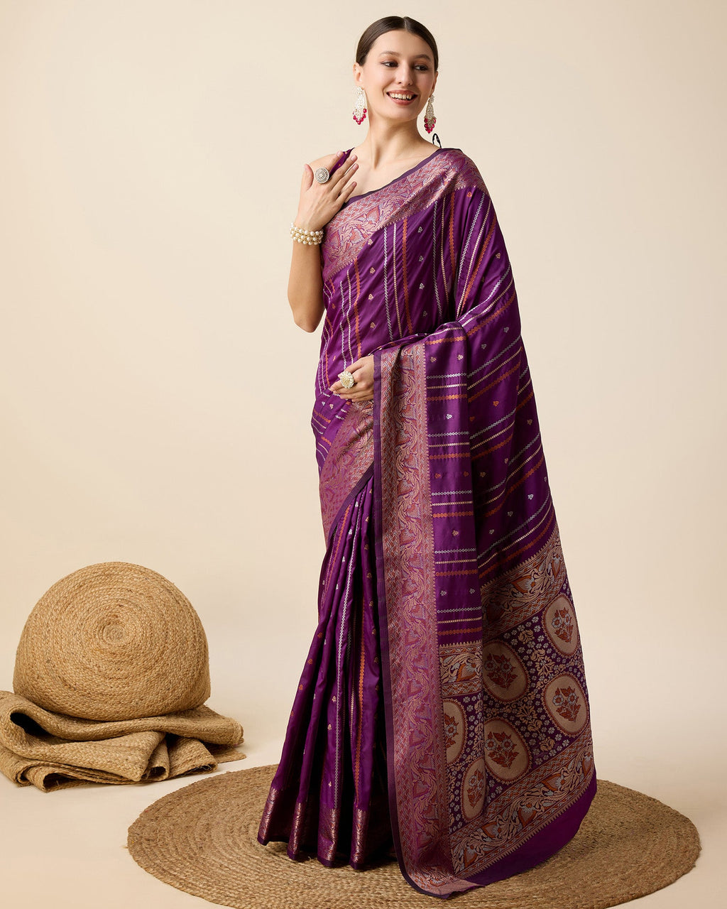 Purple Pure Jacquard Party Saree with Golden Silver Jari