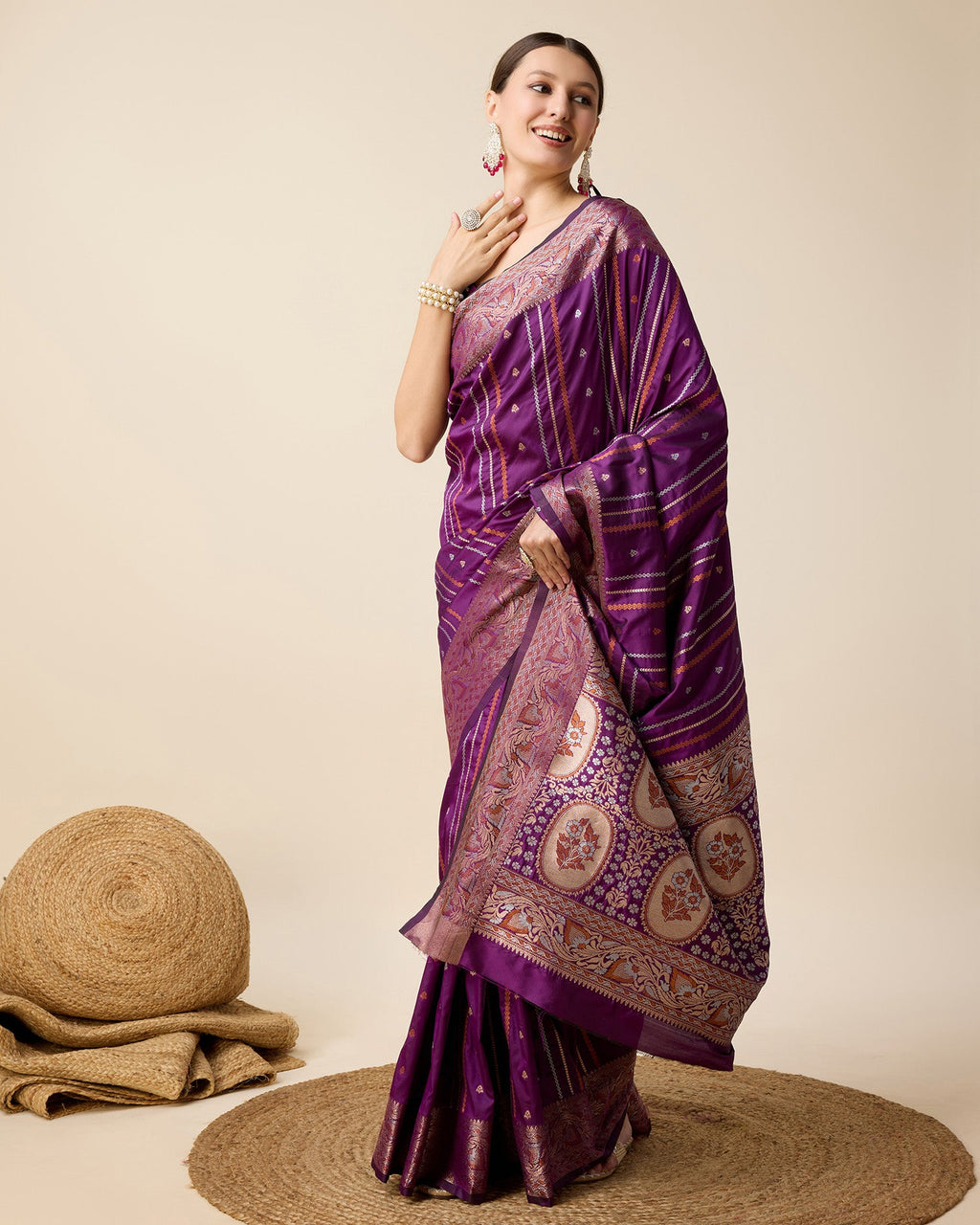 Purple Pure Jacquard Party Saree with Golden Silver Jari