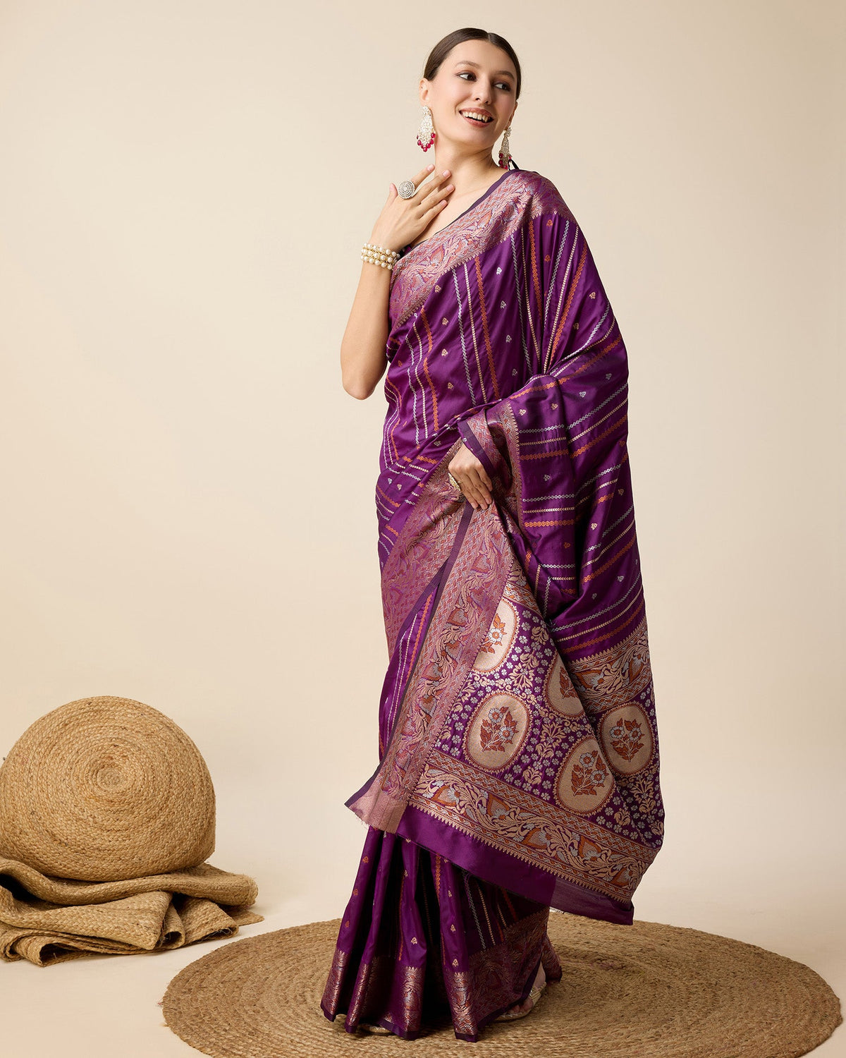Purple Pure Jacquard Party Saree with Golden Silver Jari