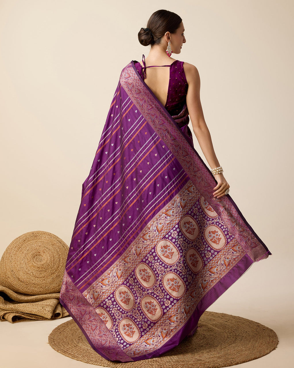 Purple Pure Jacquard Party Saree with Golden Silver Jari