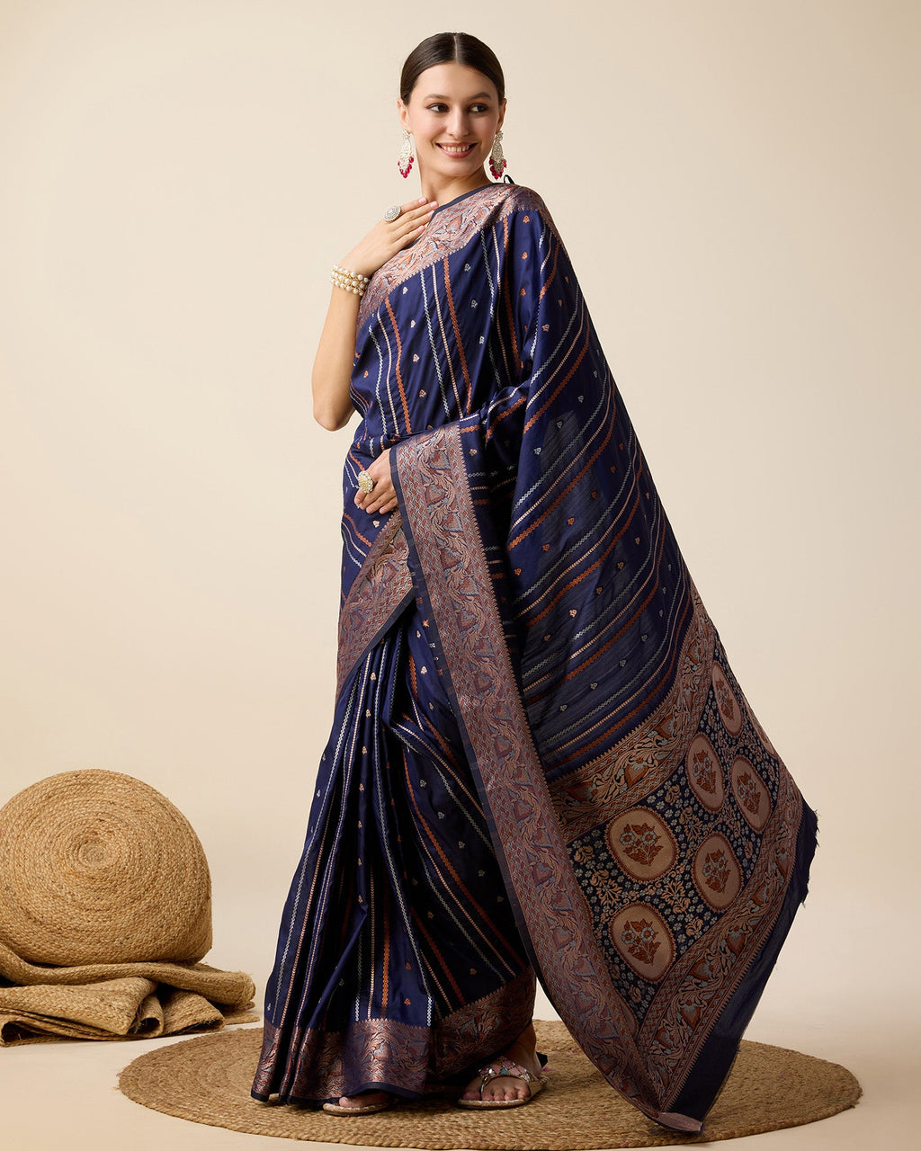 Deep Navy Blue pure Jacquard saree with intricate golden and silver Jari work and unstitched silk blouse