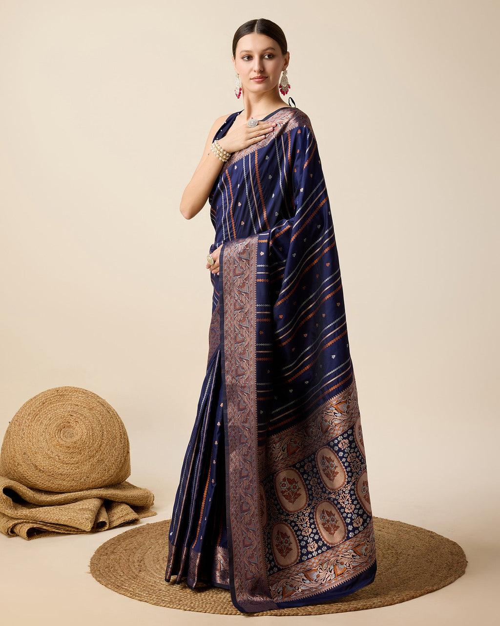 Deep Navy Blue Party Wear Jacquard Saree with Golden Silver Jari
