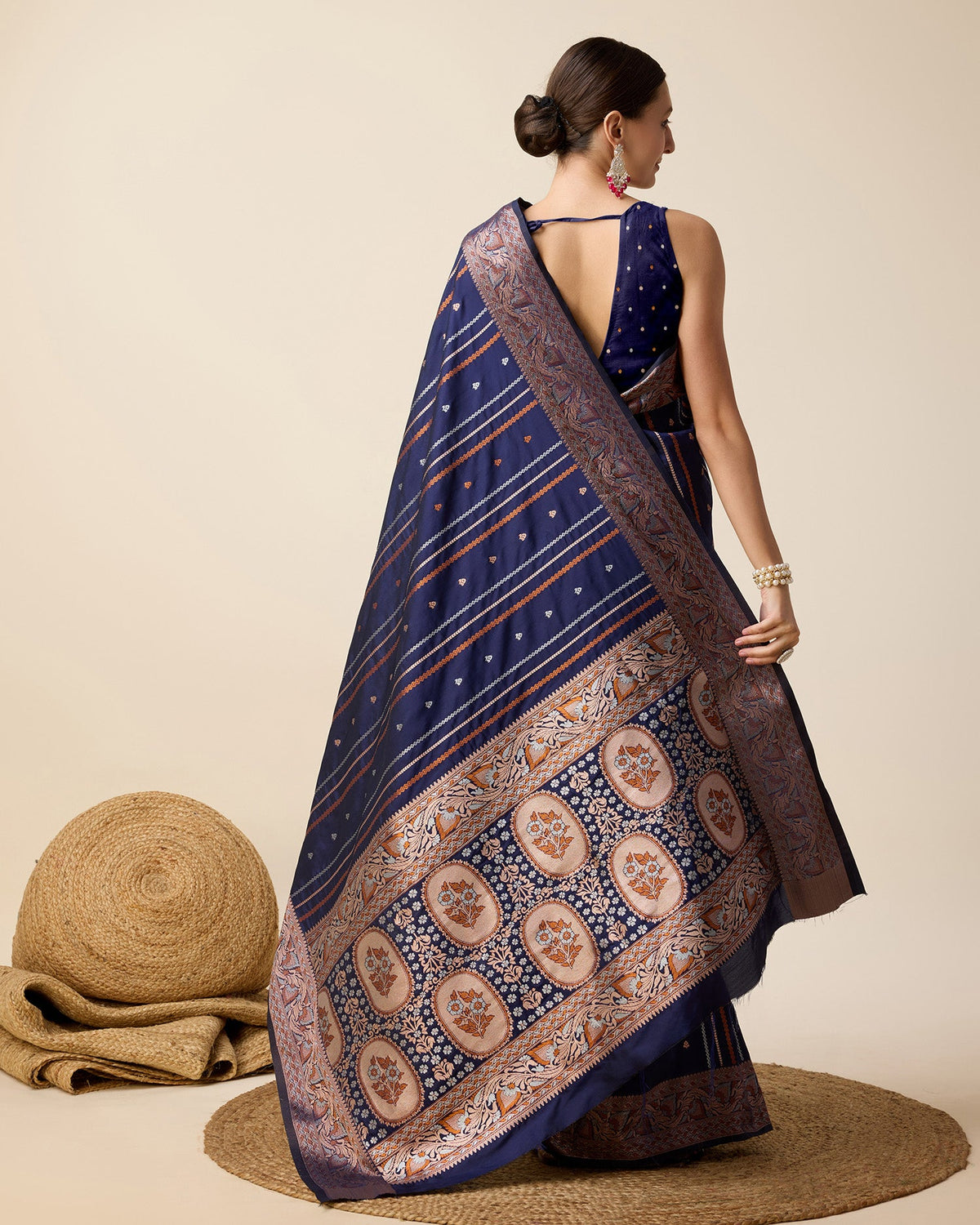 Deep Navy Blue Party Wear Jacquard Saree with Golden Silver Jari