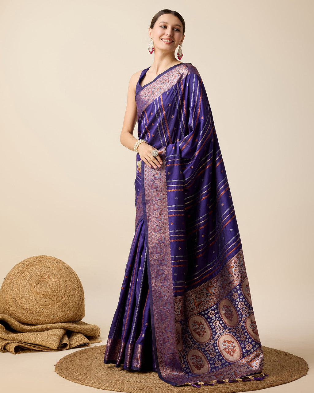Blue Pure Jacquard party wear saree with metallic golden and silver Jari work