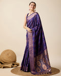 Blue Pure Jacquard party wear saree with metallic golden and silver Jari work