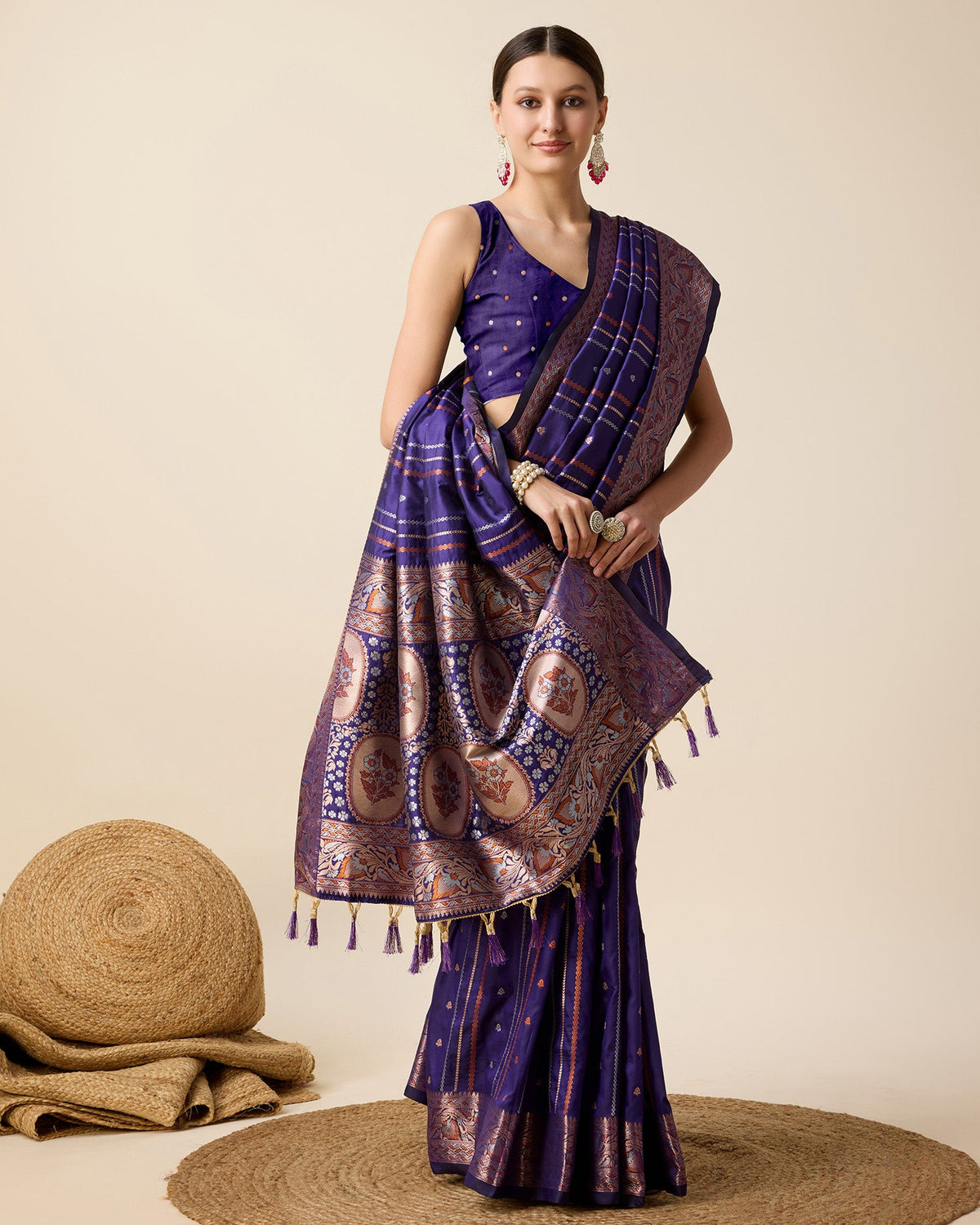 Blue Pure Jacquard Saree with Golden and Silver Jari Work