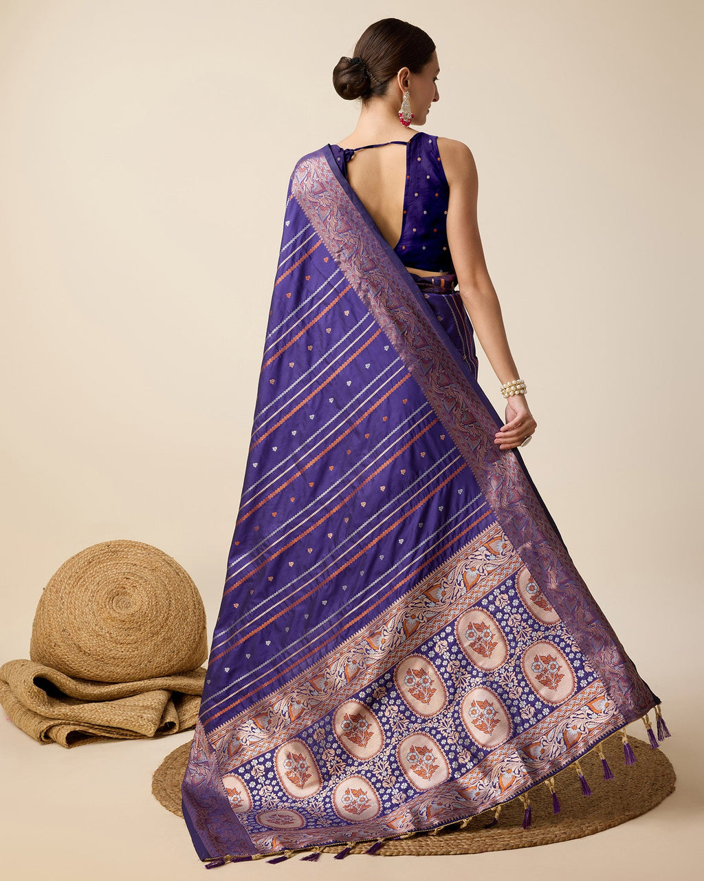 Blue Pure Jacquard Saree with Golden and Silver Jari Work
