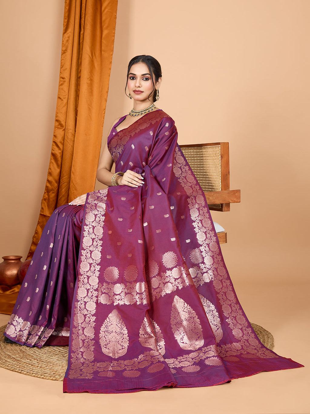 Wine Banarsi Silk Saree with Traditional Jari Weaving & Blouse
