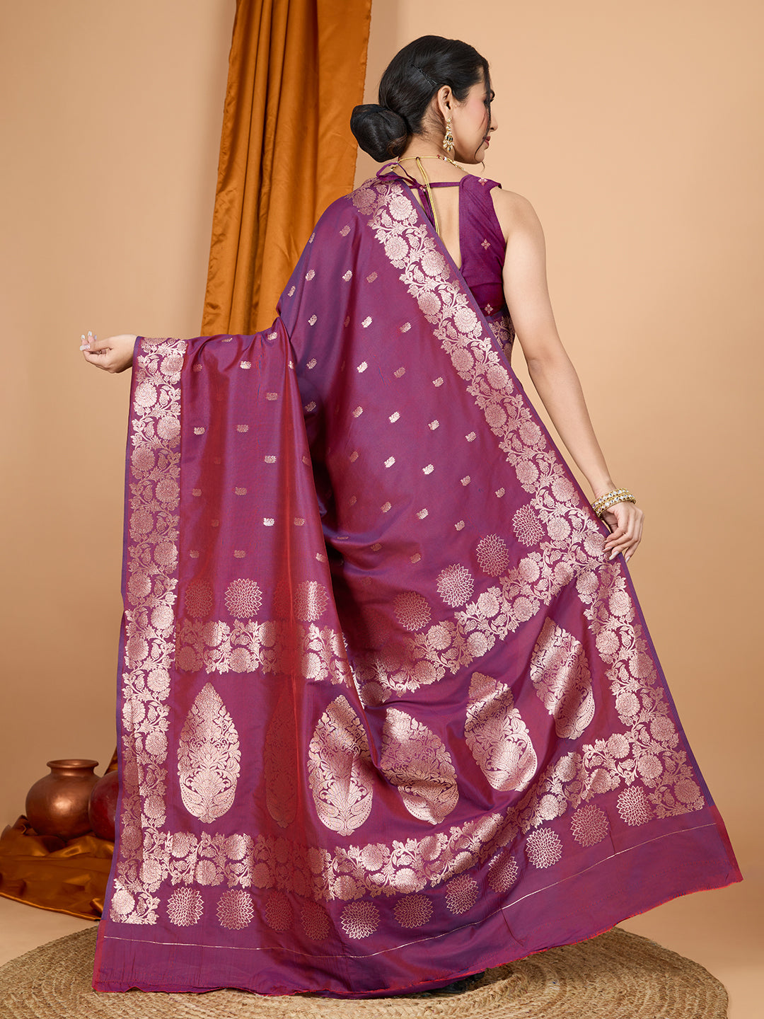 Wine Banarsi Silk Saree with Traditional Jari Weaving & Blouse