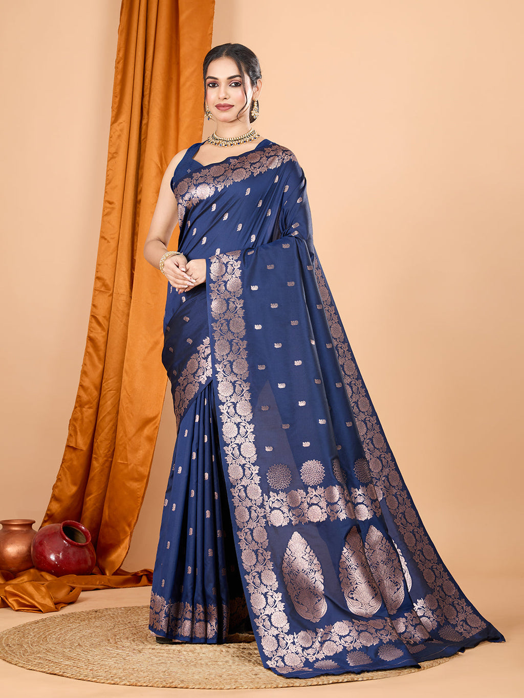 Teal Blue Banarsi silk saree with ornate golden jari weaving