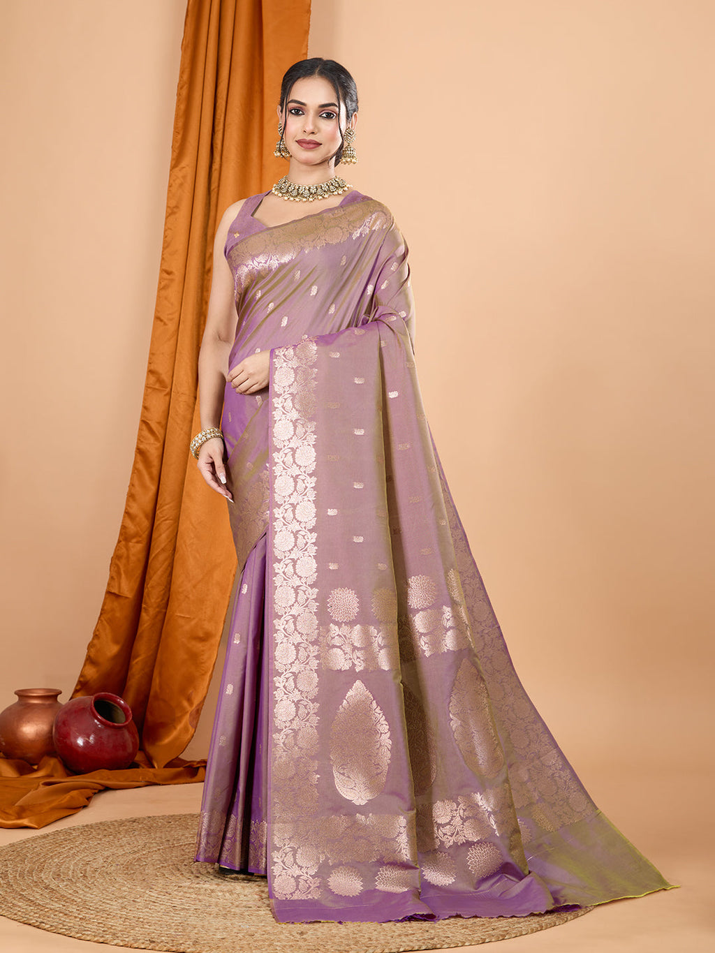 Lavender Banarsi silk saree with ornate gold Jari weaving and matching unstitched blouse