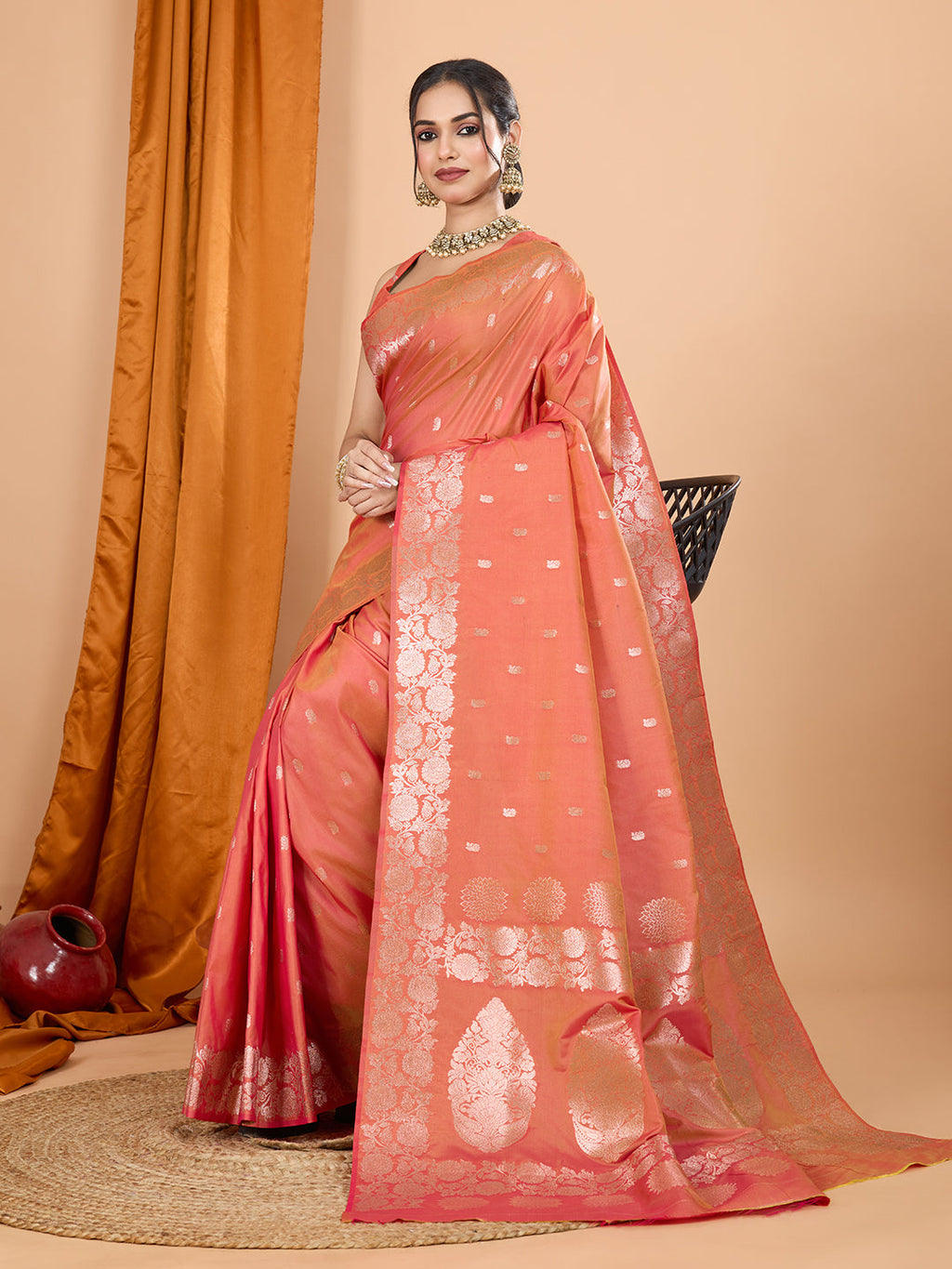 Peach Banarsi Silk Party Wear Saree with Intricate Jari Weaving