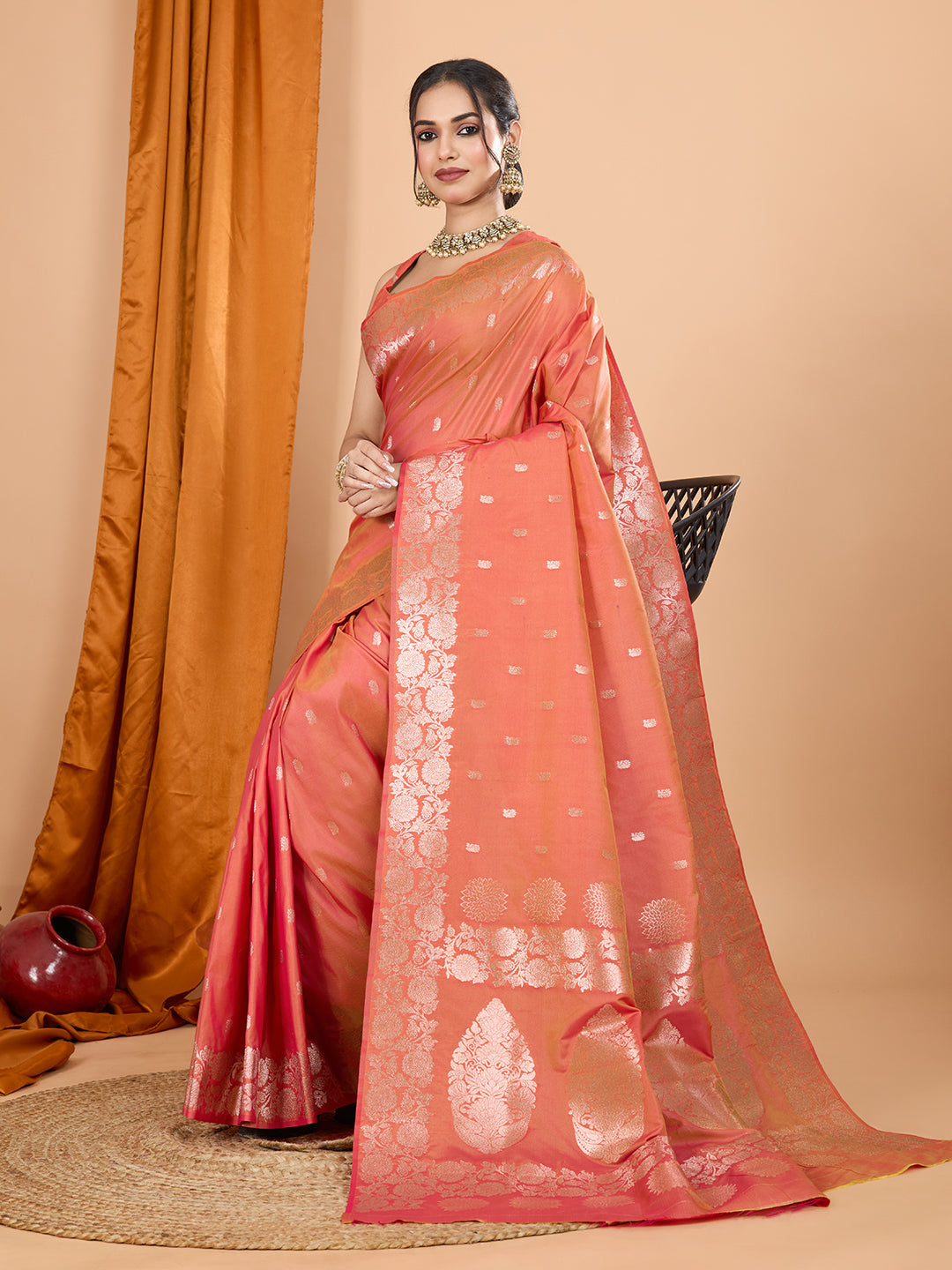 Peach Banarsi Silk Party Wear Saree with Intricate Jari Weaving