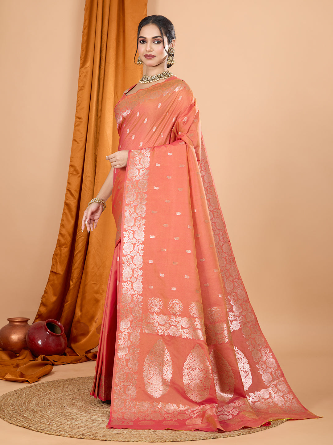 Peach Banarsi Silk Party Wear Saree with Intricate Jari Weaving