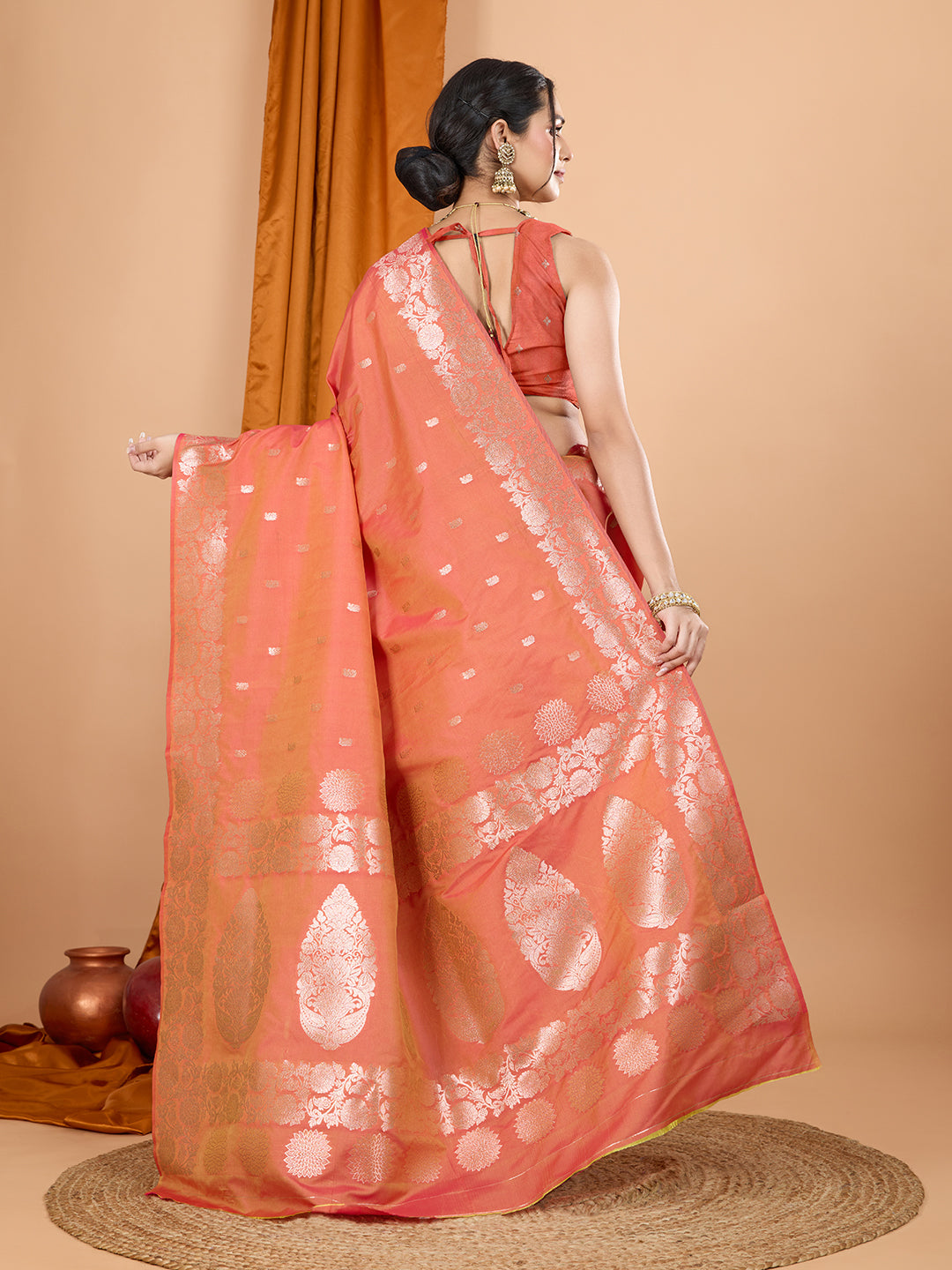 Peach Banarsi Silk Party Wear Saree with Intricate Jari Weaving