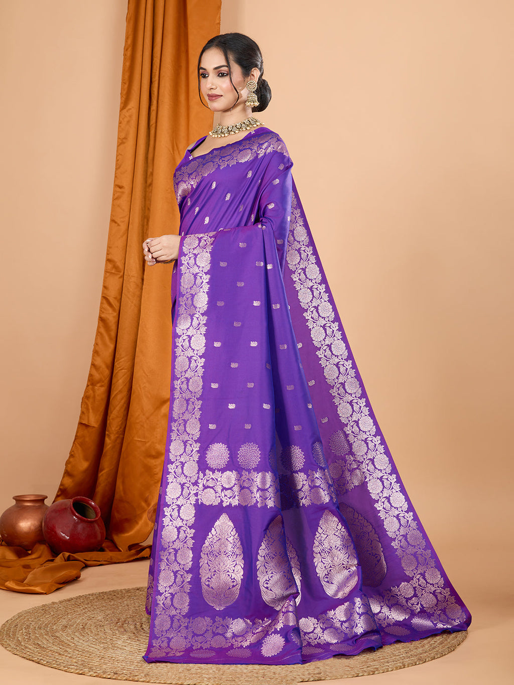 Purple Banarsi silk party wear saree with intricate gold jari weaving and unstitched matching blouse