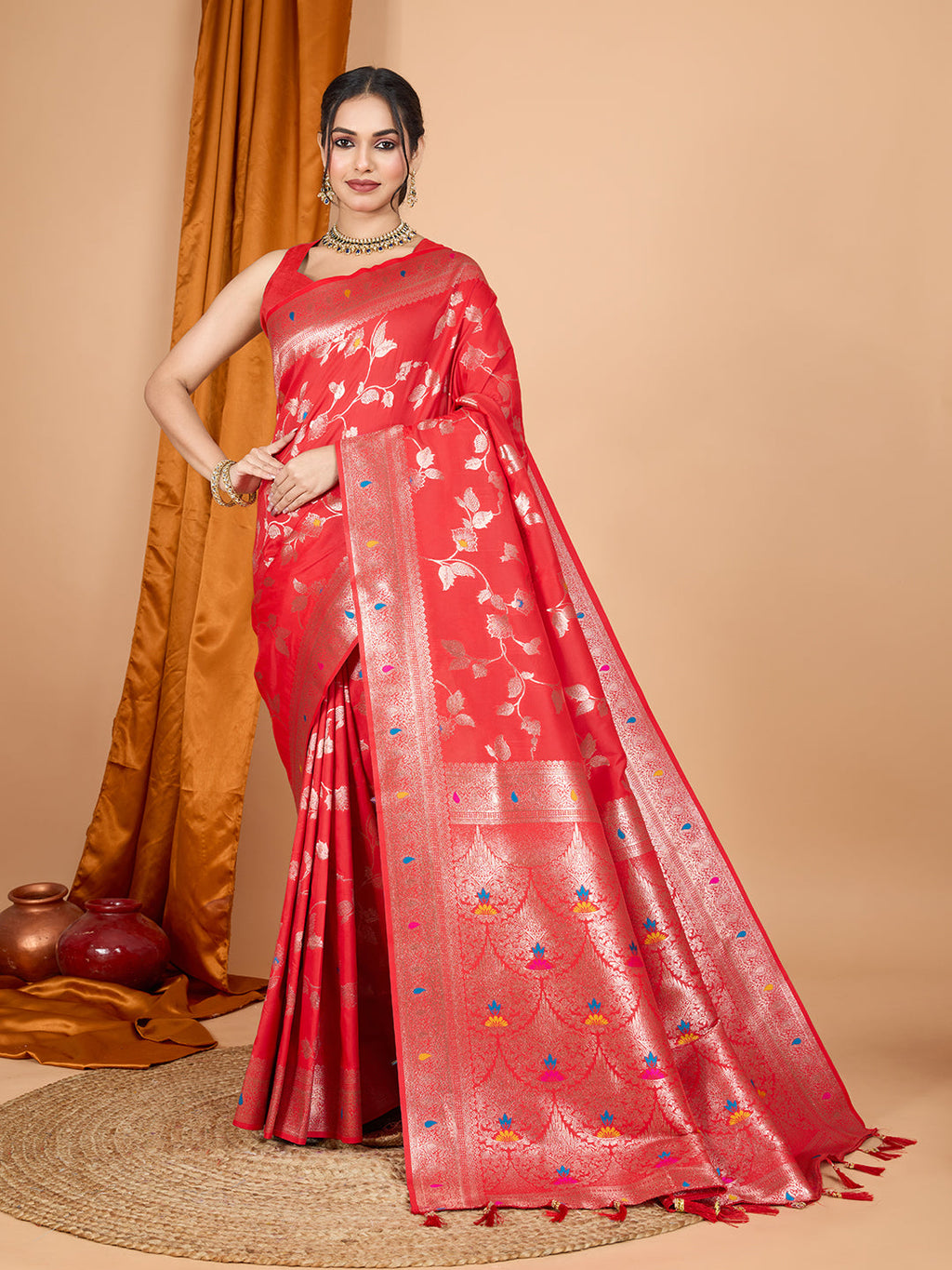 Red Banarsi Silk saree with traditional Jari weaving and unstitched blouse fabric.