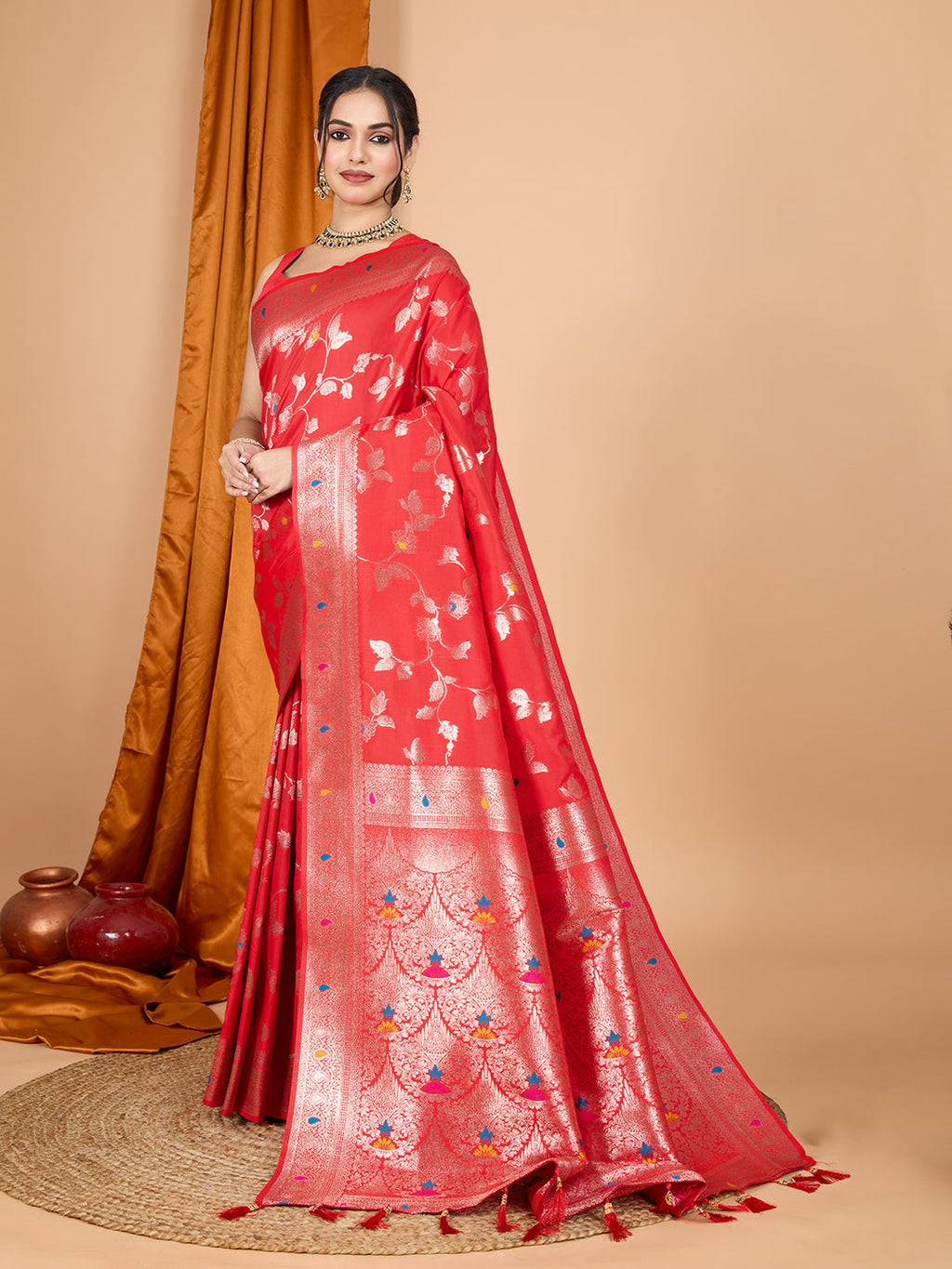 Red Banarsi Silk Saree with Jari Weaving Work and Blouse Piece