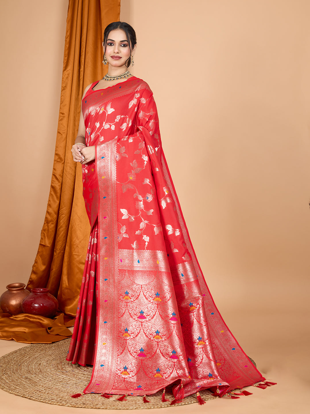 Red Banarsi Silk Saree with Jari Weaving Work and Blouse Piece