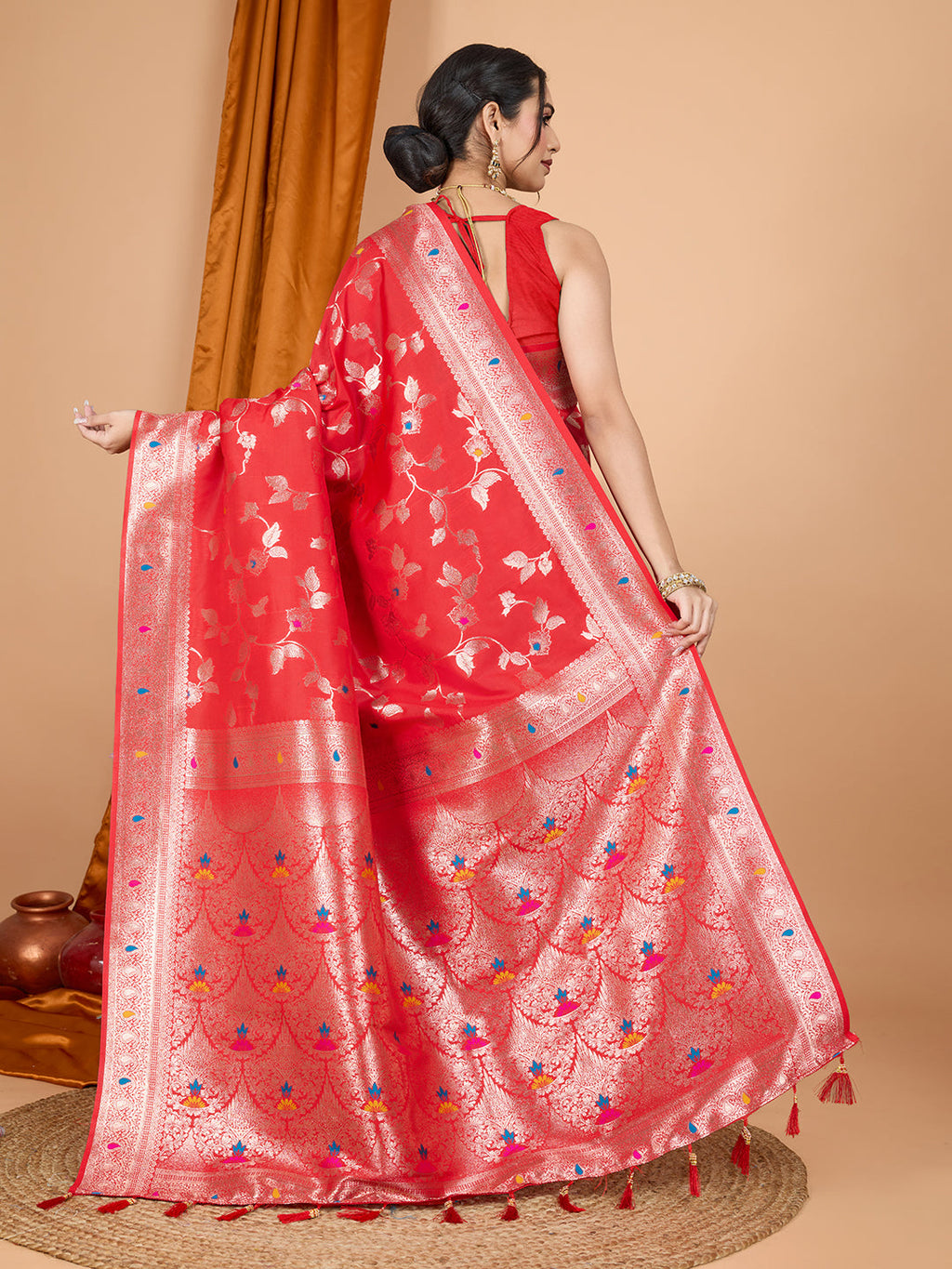 Red Banarsi Silk Saree with Jari Weaving Work and Blouse Piece